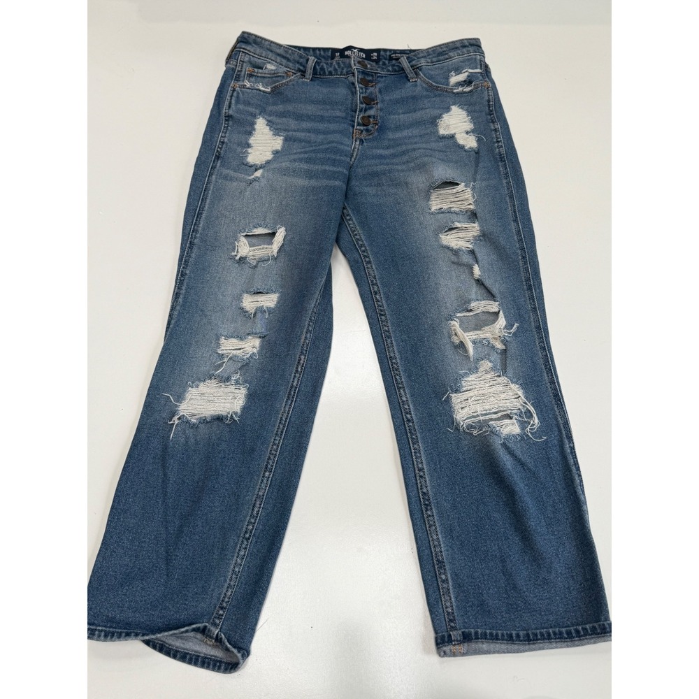 Hollister Mid-Rise Crop Boyfriend Jeans Distressed Blue Button Fly 7R W28 L24